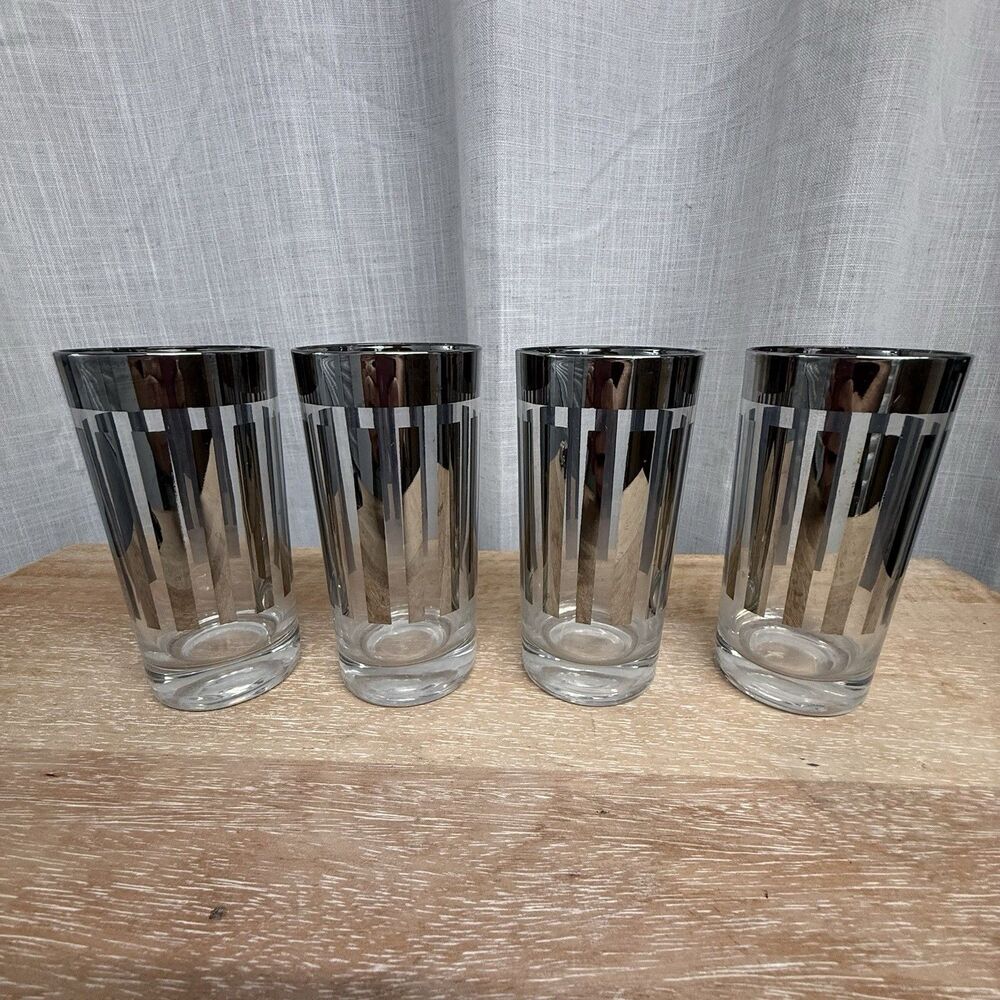 Vintage 4 MCM Dorothy Thorpe Style Glasses Silver Rim Vertical Stripe Tumblers